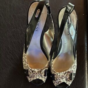 Guess Black and Cream Peep-Toe Slingback Heels